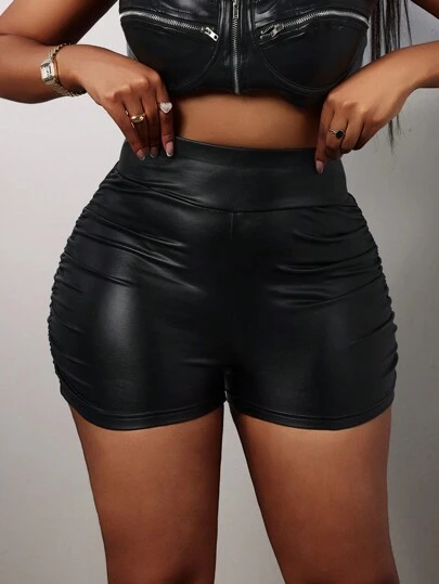 Slaydiva Elegant High Waist Faux Leather Pleated Slim Shorts For Women, Suitable For Party & Gathering