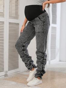 SHEIN Maternity Solid Color Patchwork Pocket Casual Elastic Waist Straight Leg Jeans - Dark Grey - View 3