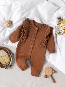Baby Girl Cute Ruffled Floral Knit Romper - Brown - View 1