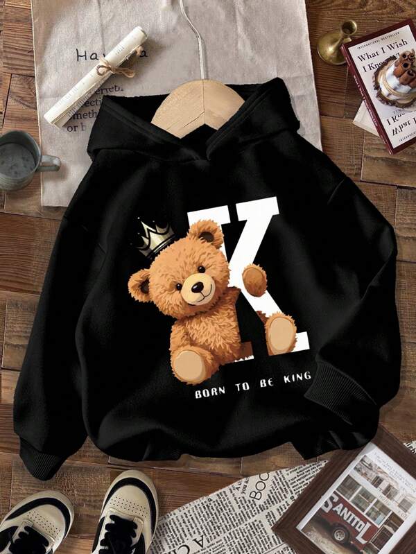 SHEIN Young Boys Casual Crown Teddy Bear Pattern Thick Knitted Long Sleeve Sweatshirt, Comfortable & Adorable For Autumn/Winter