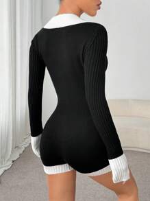 SHEIN Unity 女士休闲优雅撞色修身毛衣和短裤套装，秋冬 - 黑與白 - 查看 2