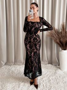 SHEIN Clasi 女式全蕾丝长袖紧身迷你连衣裙，优雅圆领修身鸡尾酒会礼服，适合秋冬季