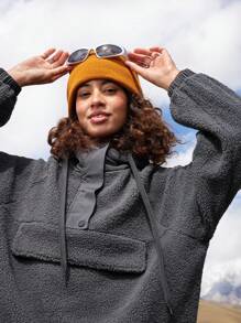 In My Nature Camicetta casual da donna con bottoni sul davanti, maniche lunghe e tasche, tinta unita