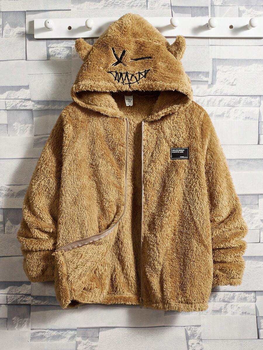 SHEIN Áo khoác có mũ trùm đầu dày lót nhiệt có khóa kéo cho bé trai tuổi teen - Màu Khaki - Xem 1