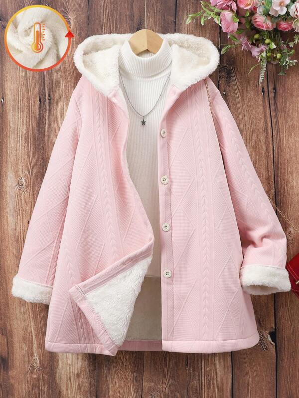 Tween Girls Fashion Textured Thick Plush Hooded Jacket, Casual Wear, Autumn/Winter