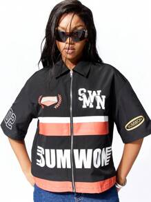 SUMWON WOMEN Punk Boxy Zip Through Graphic Shirt