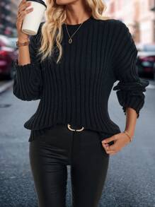 SHEIN LUNE 1pc Women Solid Color Loose Ribbed Comfortable Pullover SweaterKnit PulloverFall Winter Outfit
