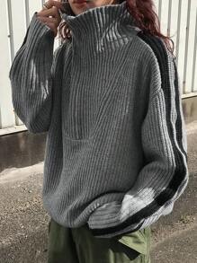 FRIFUL Suéter casual de manga larga con cremallera frontal y empalme de unicolor para mujer, ropa de otoño