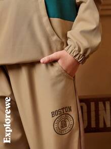 SHEIN 2pcs Boys Casual City Style Outfit - 1 Hoodie With City & Football Graphic, 1 Contrast Color Pants. Suitable For Outdoor, Sports, Casual, School And More Occasions