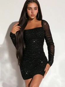 Girlism Teen Girls' Elegant Pearl Beaded Square Neck Ruched Party Dress