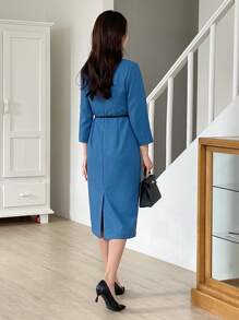 DAZY 1 件女士纯色长袖简约休闲长款淑女风收腰连衣裙，秋季服装 - 藍色 - 查看 8