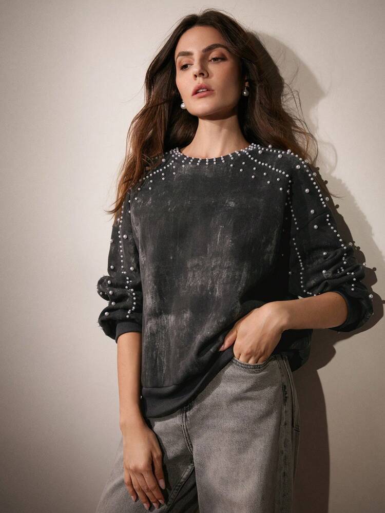 Women's Modern Faux Pearl Studded Crew Neck Pullover Sweatshirt,Graduation,Teacher,Back To School Fall