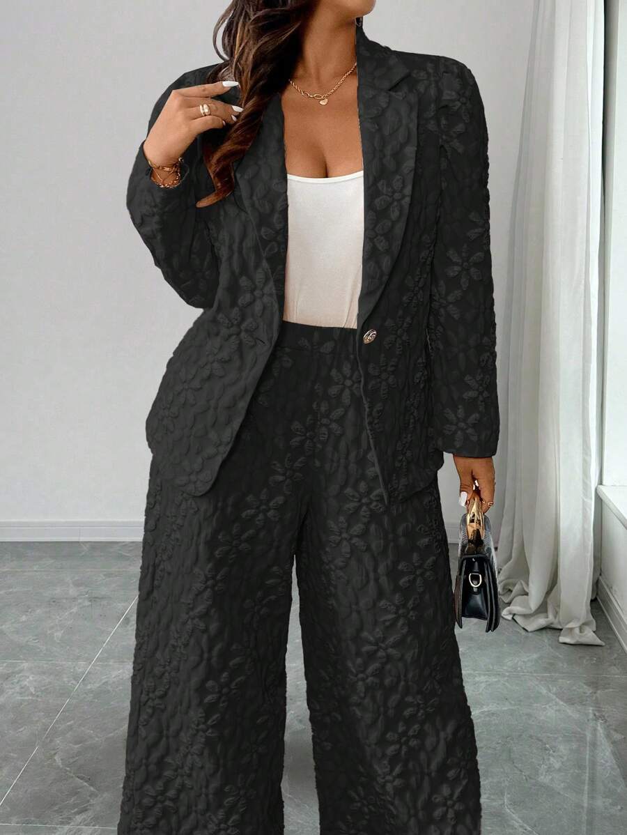 Elenzga 2pcs Set Plus Size Solid Color Button Front Long Sleeve Casual ...