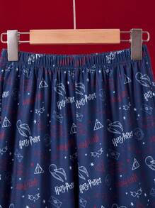 HARRY POTTER X SHEIN 2pcs/Set Tween Boy Casual Emblem & Letter Print Contrast Color Raglan Sleeve T-Shirt And Deep Blue All-Over Print Comfy Pants Loungewear Pajamas Set - Multicolor - View 3