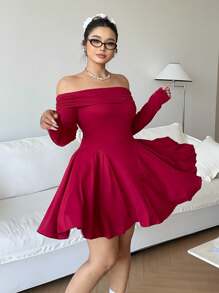 Allurite Váy chữ A trễ vai đơn giản thanh lịch cỡ lớn, váy ngắn tay màu đỏ dài, váy co giãn bó eo cho quần áo năm mới - Đỏ - Xem 3