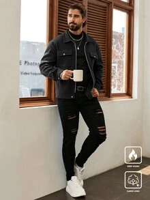 Manfinity Homme Giacca casual da uomo a maniche lunghe, stile corto, tinta unita, adatta per autunno, inverno e primavera, stile "Old Money" - nero - Visualizzare 3