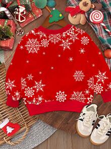 SHEIN Leap Crew Áo nỉ dệt kim dài tay cổ tròn thoải mái, dễ thương, họa tiết bông tuyết màu đỏ dành cho bé gái, thích hợp cho mùa thu đông - Nhiều màu - Xem 3