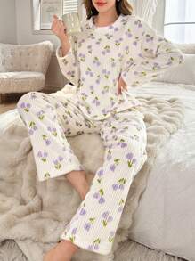 Floral Print Fleece Pullover Dames Pyjama Set