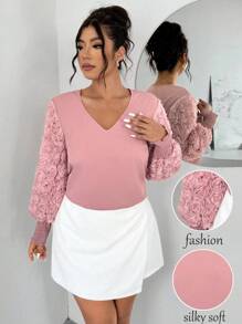 SHEIN Unity 大码优雅 3D 花卉灯笼袖衬衫，适合秋季 - 杏色 - 查看 3