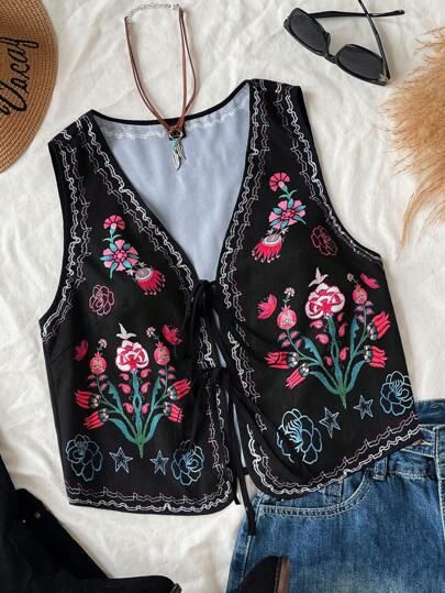 Soleia 女士度假风彩色复古定位提花V领无袖开襟系带提花上衣，新年女装，女士冬季服装，女士西式服装，女士生日服装