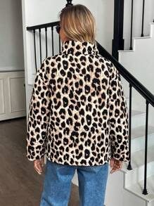 SHEIN LUNE Abrigo de mujer con cierre frontal, manga larga, estampado de leopardo, acolchado minimalista, para uso casual diario - Multicolor - Ver 2