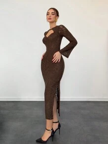 Aloruh Women's Elegant Long Sleeve Midi Dress, Vintage Lace V-Neck Fitted Cocktail Party Dress, Chocolate Brown Color