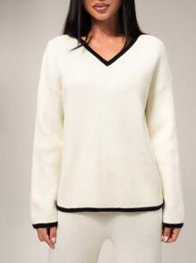 Forever 21 Áo len chui đầu rộng rãi cổ chữ V viền tương phản thường ngày cho nữ - Màu be - Xem 7