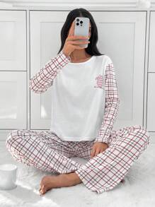 EURMUSE 2pcs Cotton Plaid Block Shirt And Plaid Patterned Lounge Bottom Homewear Set - White - View 6