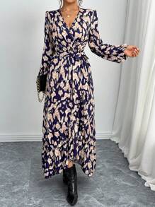 SHEIN Clasi 1 pieza Vestido de manga larga con cuello en V elegante, diseño de giro y estampado todo sobre