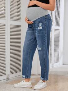 SHEIN Maternity Simple Patchwork Pocket & Distressed Design Casual Jeans - Dark Wash - View 6