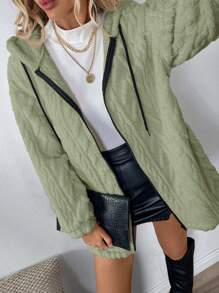 SHEIN LUNE Áo khoác hoodie lót lông màu trơn đơn giản cho nữ, ấm áp & thoải mái, mùa thu/đông - Màu xanh Bạc hà - Xem 4