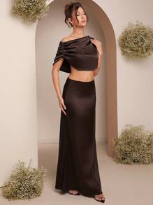 L'Amorae Women 2-Piece Set: Asymmetric Neck Pleated Blouse And Skirt, Elegant