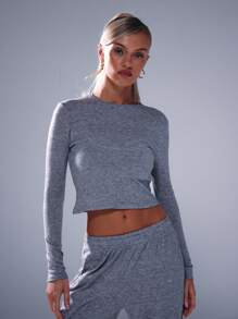 Musera Sport 长袖紧身露脐上衣，适合板式网球、网球、匹克球等运动和健身房穿着 - 灰色 - 查看 4