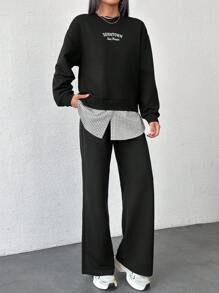 Cotton Fashionable Patchwork Sweatshirt & Sweatpants Set - Black - View 7