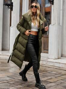 EURMUSE Solid Color Belted Long Padded Jacket For Women - Green - View 5