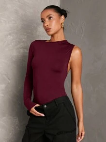 SHEIN BAE 1 件女式纯黑色性感休闲简约单肩露背长袖紧身衣/紧身衣，适合夜间外出、派对、约会