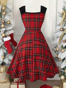 SHEIN Clasi 大码秋冬圣诞休闲撞色格子垂坠修身腰无袖连衣裙，女士服装 - 彩色 - 查看 2