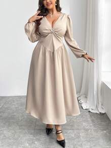 SHEIN Privé Plus Size Women Elegant Minimalist Loose Lantern Sleeve A-Line Dress, Twist Bust Design, Suitable For Date Night & Party, Autumn/Winter