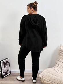 SHEIN CURVE+ 大码针织罗纹长袖弧形下摆 T 恤和紧身裤套装 - 黑色 - 查看 2