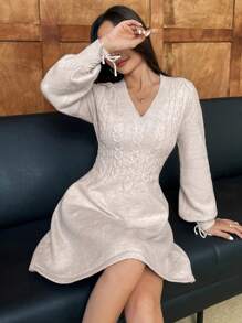 SHEIN EZwear Robe pull décontractée minimaliste à manches longues et col en V pour femme, nouvelle collection automne/hiver - Beige - Voir 6