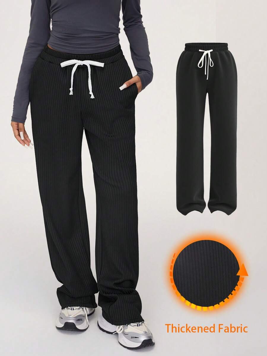 SHEIN BASICS 女式休闲针织加厚高腰宽松阔腿裤 - 黑色 - 查看 1