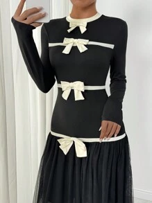 Chiquease 1 件 撞色蝴蝶结点缀网眼长袖紧身派对休闲连衣裙 Y2K 风格 - 黑色 - 查看 1