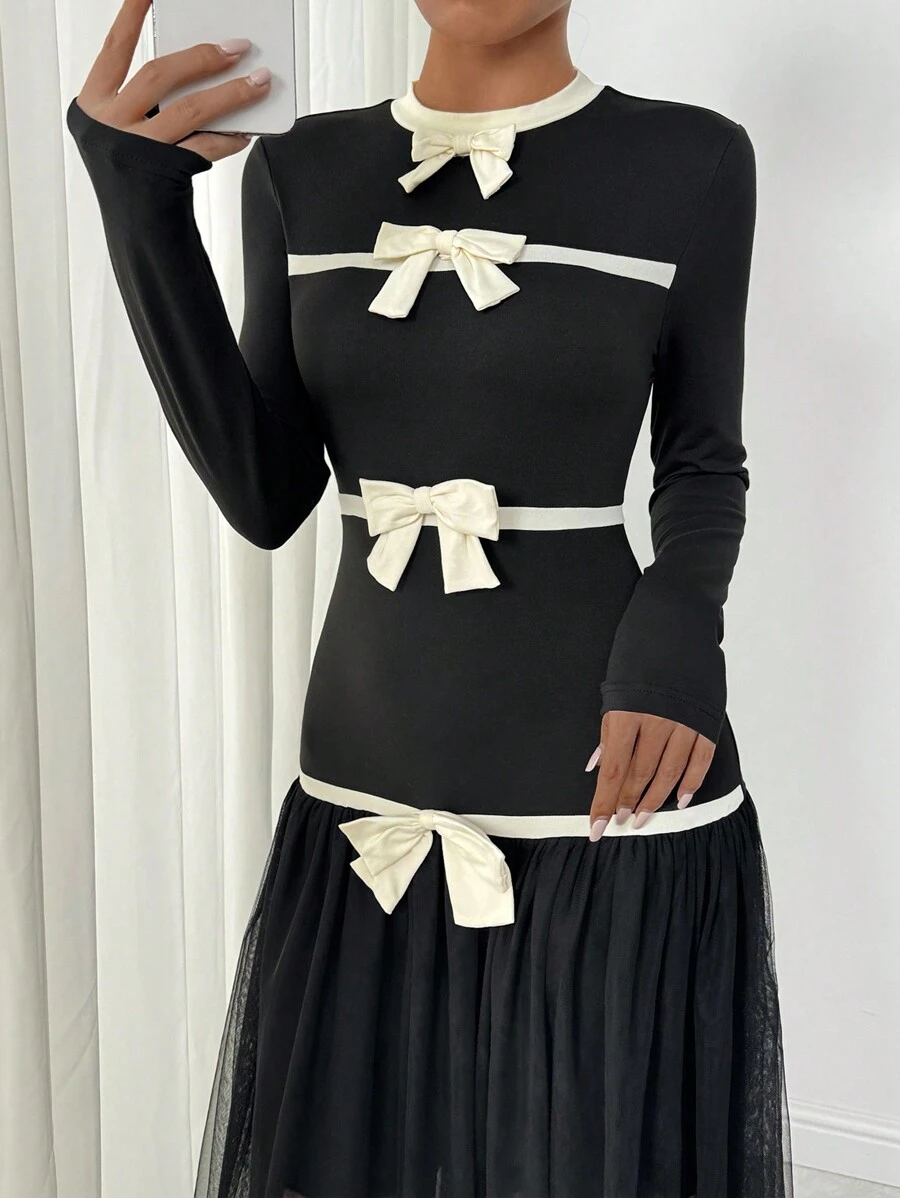 Chiquease 1 件 撞色蝴蝶结点缀网眼长袖紧身派对休闲连衣裙 Y2K 风格 - 黑色 - 查看 1