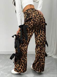 Chiquease Pantalon large décontracté et chic pour femmes avec taille élastique, imprimé léopard et décoration de nœud papillon sur le côté - Multicolore - Voir 1