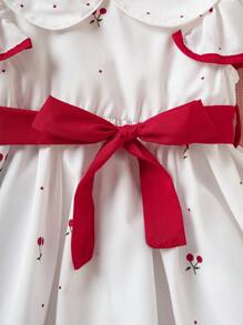Souflis Souflis Baby Girl Cherry Peter Pan Collar Ruffled Trim Dress - White - View 7
