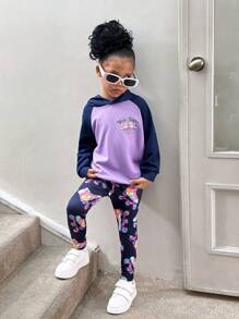 2pcs/Set Little Girls Solid Color Patchwork Long Sleeve Letter Print Graphic Hoodie And Pants Casual Outfit