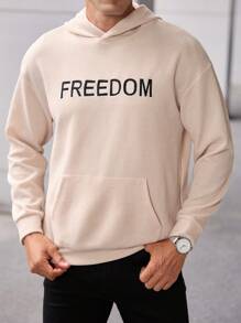 Manfinity Homme Letter Embroidered Hoodie With Pocket, Casual Long Sleeve Sweatshirt - Apricot - View 5