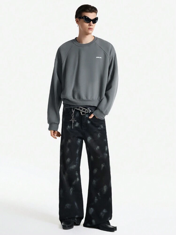 Men's Street Style Letter Print Distressed Crew Neck Long Sleeve Pullover Sweatshirt, For Fall Winter