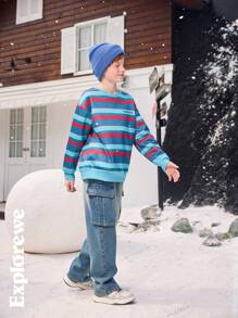 SHEIN Tween Boy Winter Crew Neck Long Sleeve Striped Minimalist Sweatshirt, Casual Daily Wear - Dark Green - View 5