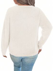 Calvaya Plus Size Simple Solid Color Lace Up Front Sweater, Casual For Autumn/Winter Knit Pullover Fall - Apricot - View 2